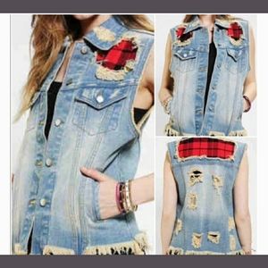 Unif x UO Destroyed Trashed Denim Jean Vest jacket plaid grunge NWT